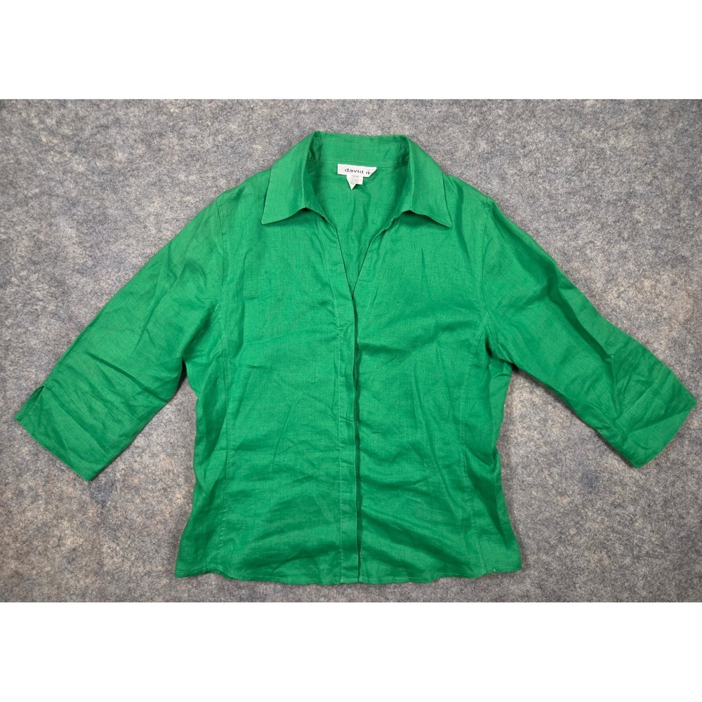 David N Womens Kelly Green 100% Hanky Linen 3/4 Sleeve Button Down Shirt Size M